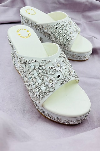 White Raw Silk Zari & Bead Hand Embroidered Wedges by Rajasthani Stuff