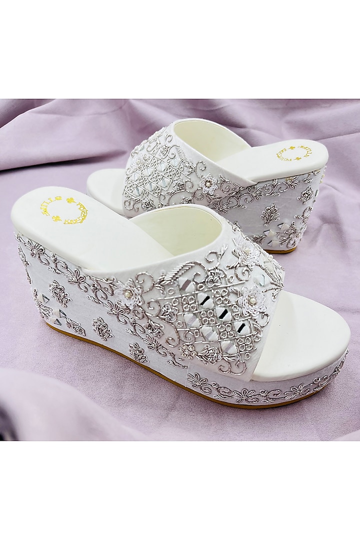 White Raw Silk Zari & Bead Hand Embroidered Wedges by Rajasthani Stuff at Pernia's Pop Up Shop