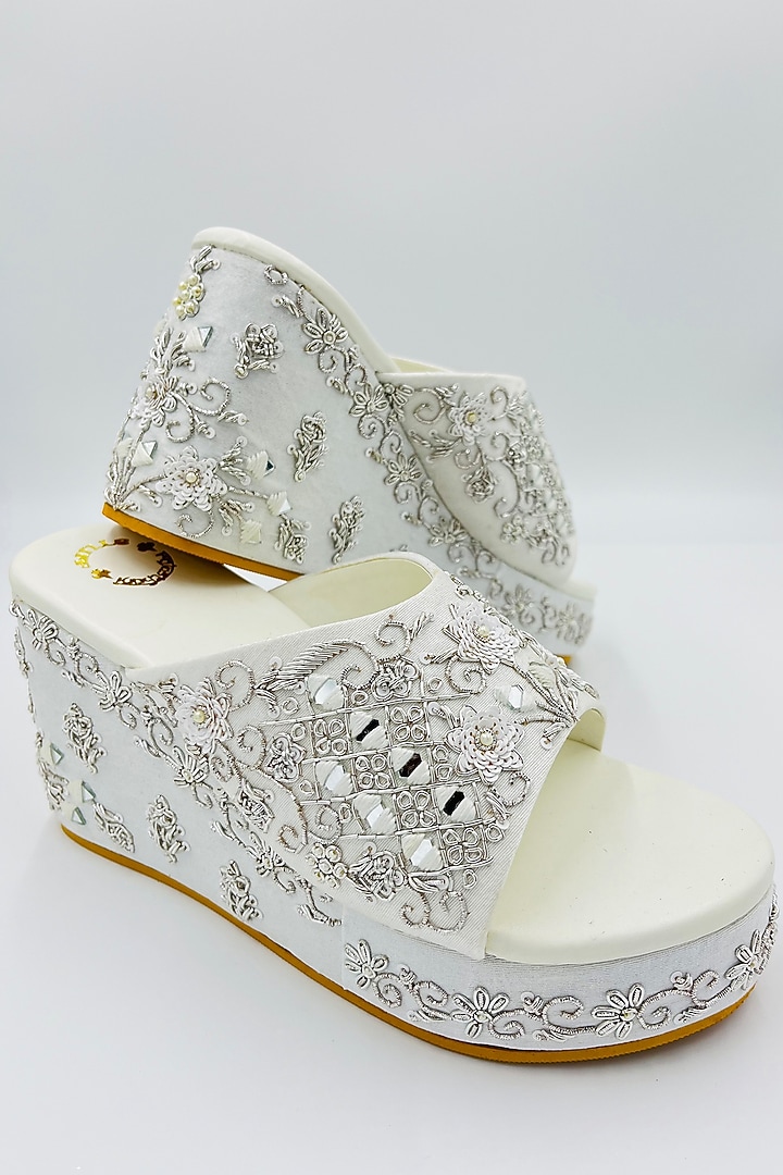 White Raw Silk Zari & Bead Hand Embroidered Wedges by Rajasthani Stuff at Pernia's Pop Up Shop
