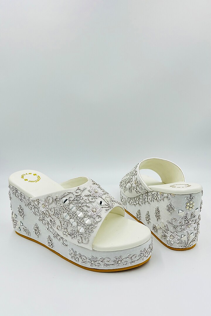 White Raw Silk Zari & Bead Hand Embroidered Wedges by Rajasthani Stuff at Pernia's Pop Up Shop