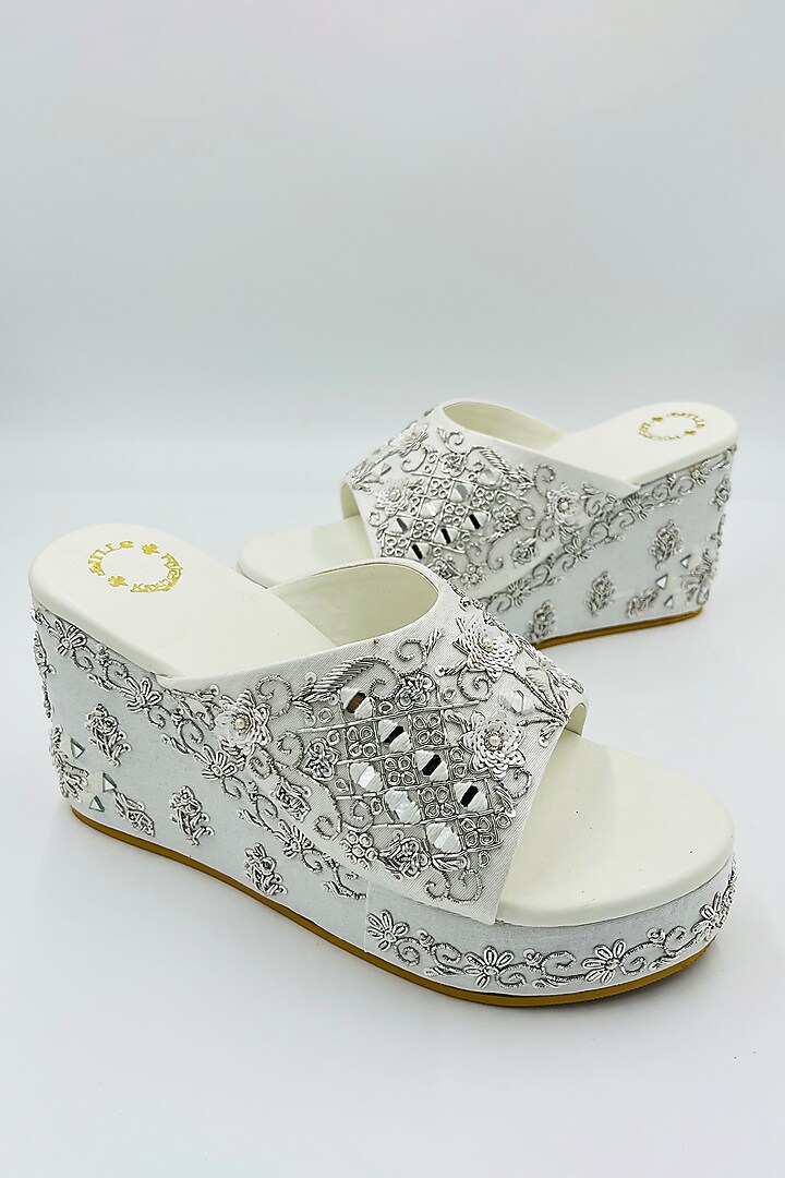 White Raw Silk Zari & Bead Hand Embroidered Wedges by Rajasthani Stuff at Pernia's Pop Up Shop