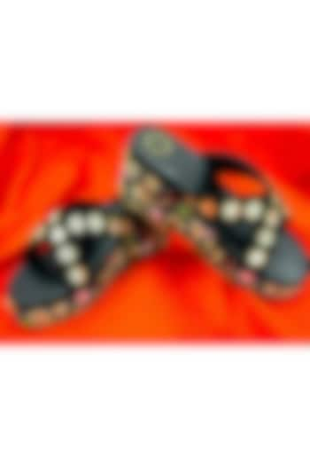 Black Suede Mirror & Thread Hand Embroidered Wedges by Rajasthani Stuff at Pernia's Pop Up Shop