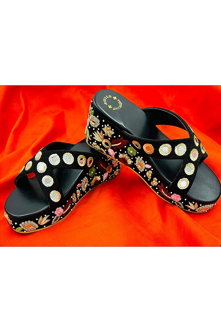 Black Suede Mirror & Thread Hand Embroidered Wedges by Rajasthani Stuff at Pernia's Pop Up Shop