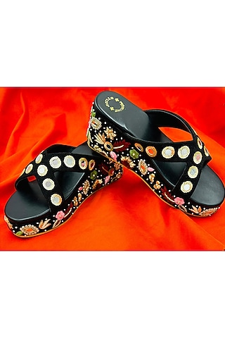 Black Suede Mirror & Thread Hand Embroidered Wedges by Rajasthani Stuff