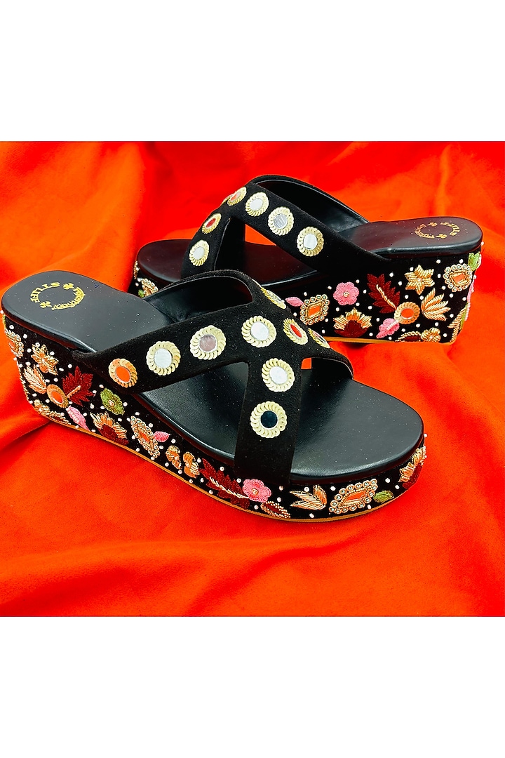 Black Suede Mirror & Thread Hand Embroidered Wedges by Rajasthani Stuff at Pernia's Pop Up Shop