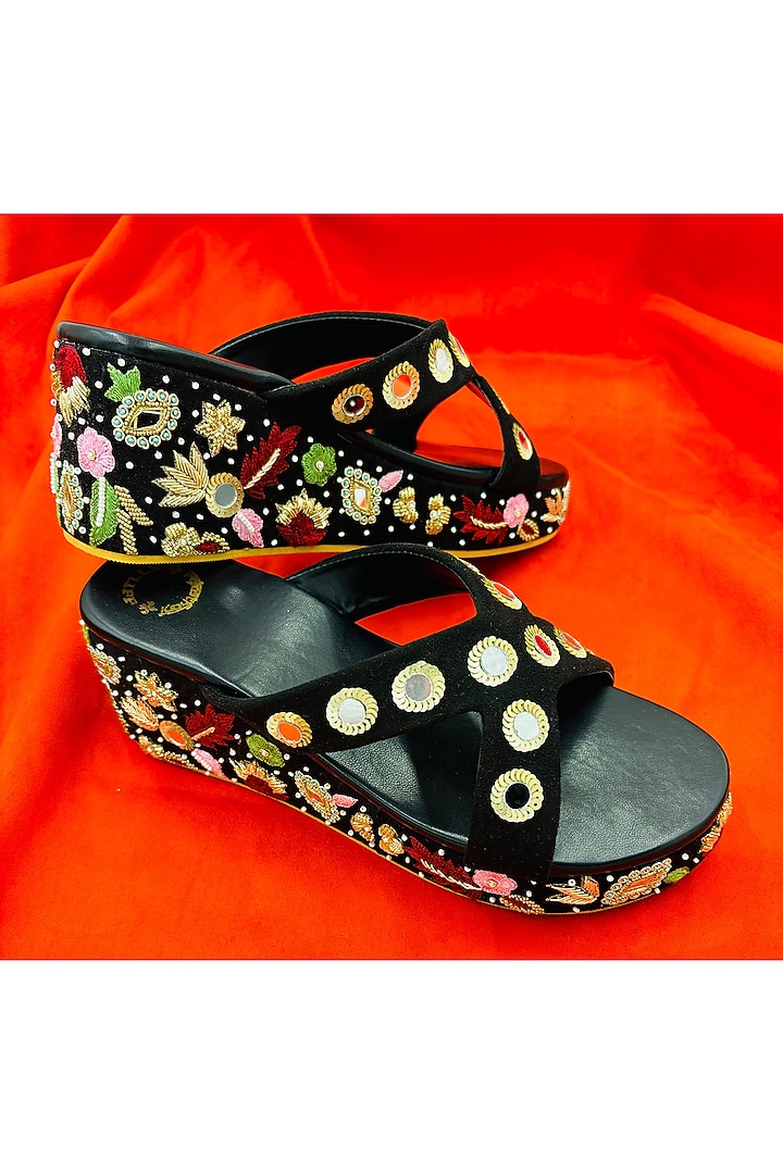 Black Suede Mirror & Thread Hand Embroidered Wedges by Rajasthani Stuff at Pernia's Pop Up Shop