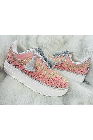Pink Suede Embroidered Sneakers by Rajasthani Stuff