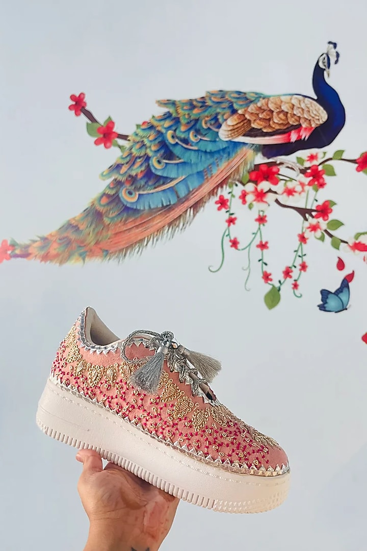 Pink Suede Embroidered Sneakers by Rajasthani Stuff at Pernia's Pop Up Shop