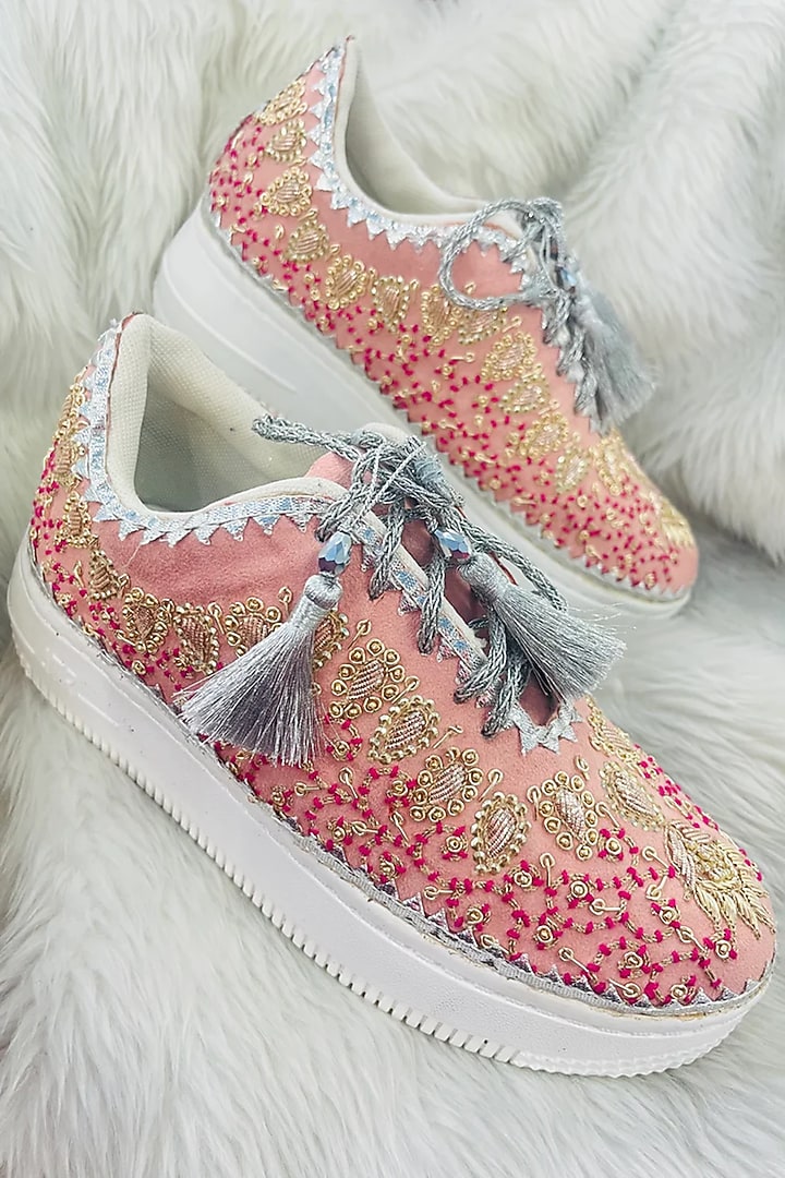 Pink Suede Embroidered Sneakers by Rajasthani Stuff at Pernia's Pop Up Shop