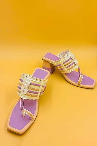 Purple Vegan Leather Hand Embroidered Kolhapuri Sandals by Rajasthani Stuff