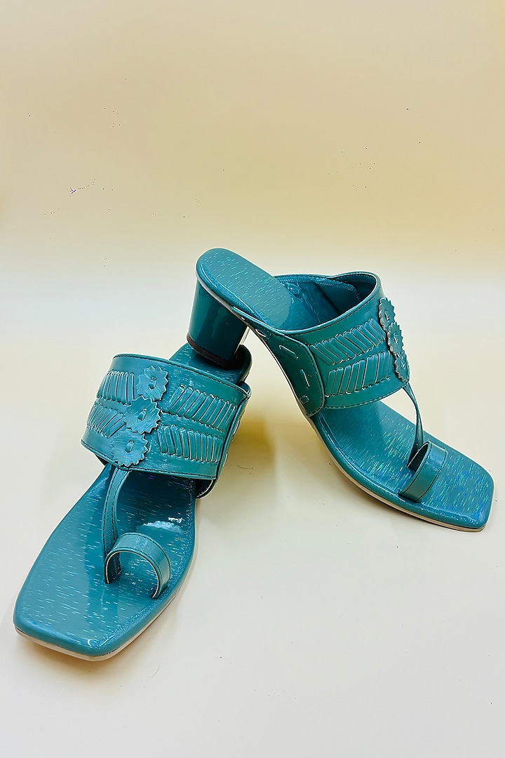 Green Vegan Leather Hand Embroidered Kolhapuri Sandals by Rajasthani Stuff at Pernia's Pop Up Shop