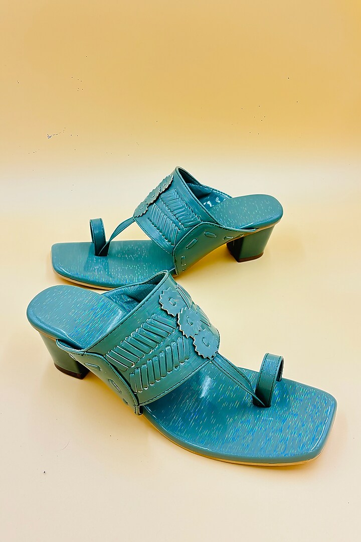Green Vegan Leather Hand Embroidered Kolhapuri Sandals by Rajasthani Stuff at Pernia's Pop Up Shop
