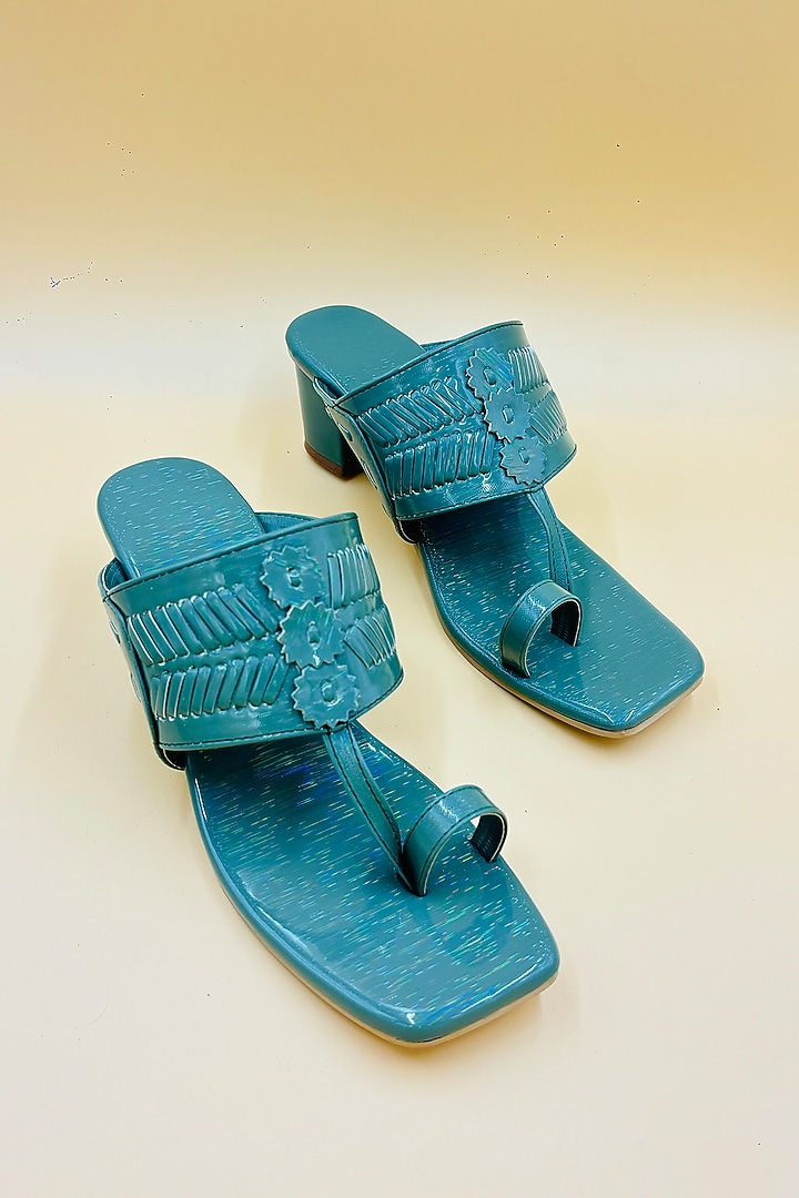 Green Vegan Leather Hand Embroidered Kolhapuri Sandals by Rajasthani Stuff at Pernia's Pop Up Shop