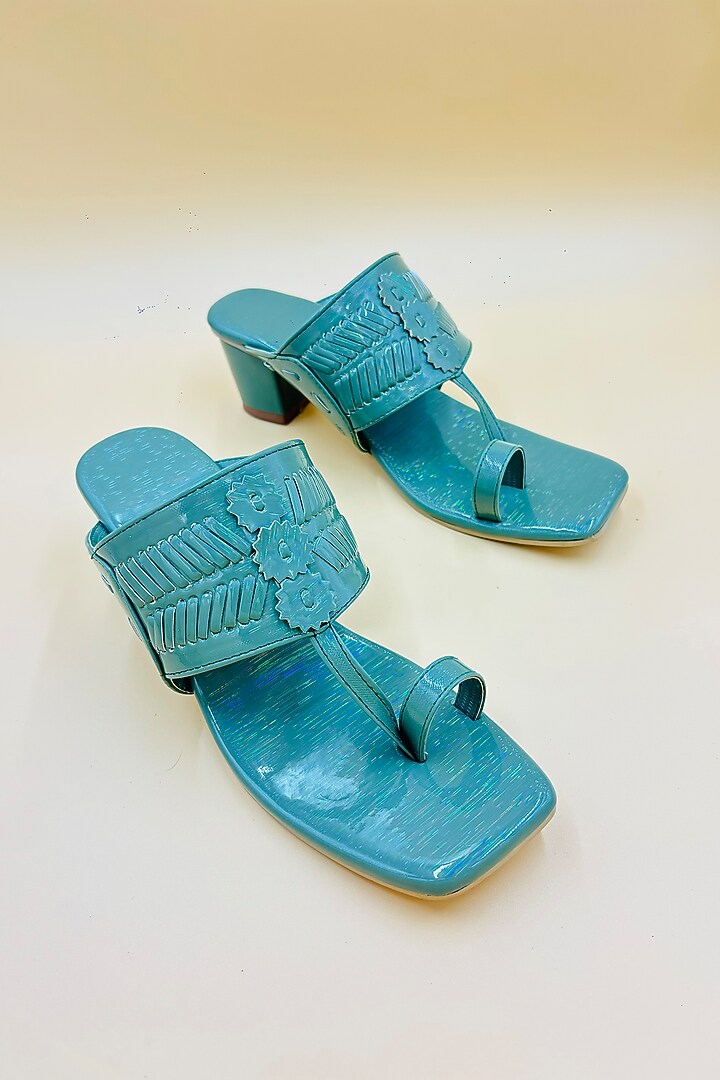 Green Vegan Leather Hand Embroidered Kolhapuri Sandals by Rajasthani Stuff at Pernia's Pop Up Shop