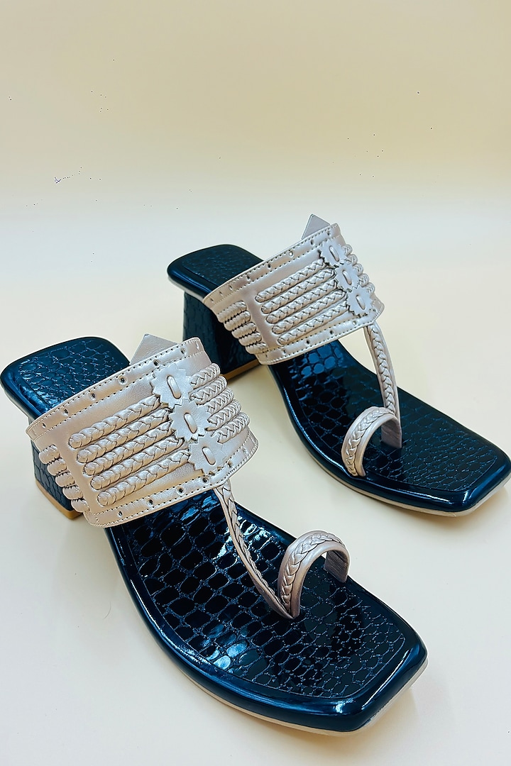 Light Brown Vegan Leather Hand Embroidered Kolhapuri Sandals by Rajasthani Stuff at Pernia's Pop Up Shop