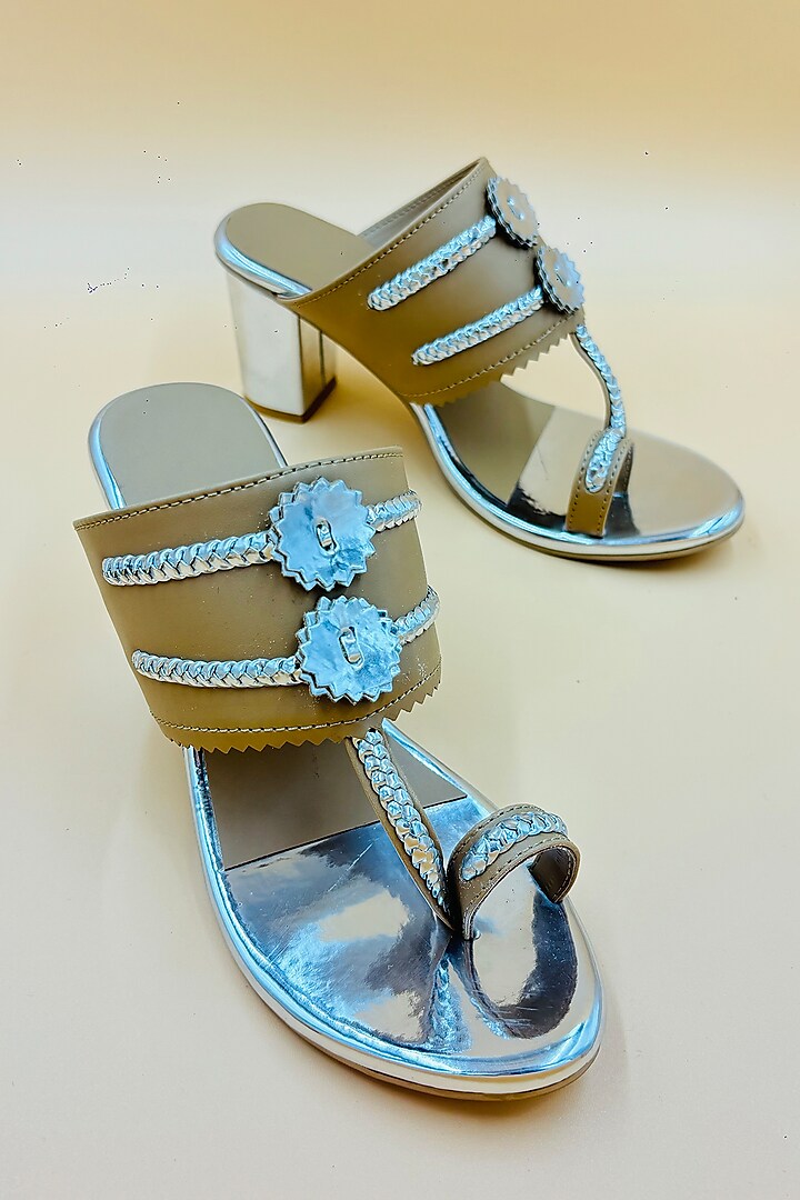 Tan Vegan Leather Hand Embroidered Kolhapuri Sandals by Rajasthani Stuff at Pernia's Pop Up Shop