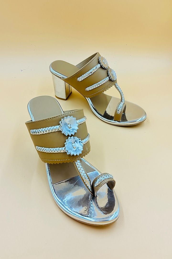Tan Vegan Leather Hand Embroidered Kolhapuri Sandals by Rajasthani Stuff at Pernia's Pop Up Shop