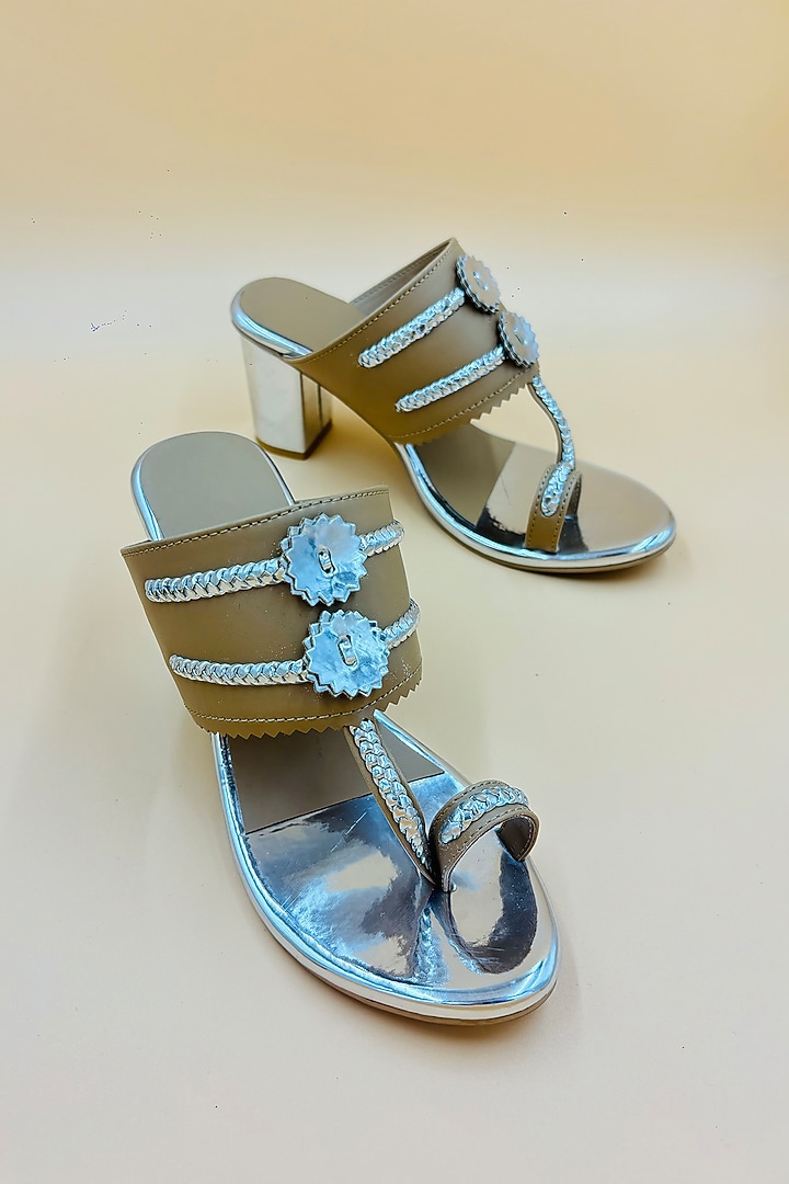 Tan Vegan Leather Hand Embroidered Kolhapuri Sandals by Rajasthani Stuff at Pernia's Pop Up Shop