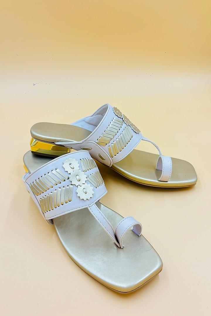 White Vegan Leather Hand Embroidered Kolhapuri Sandals by Rajasthani Stuff at Pernia's Pop Up Shop