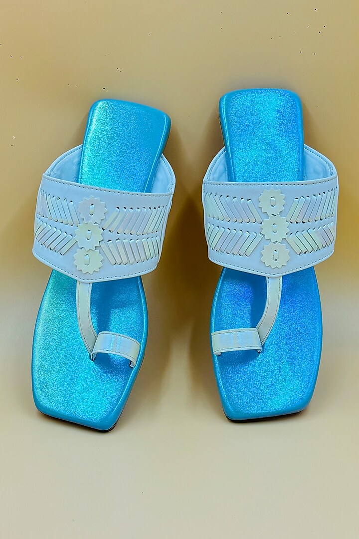 White Vegan Leather Hand Embroidered Kolhapuri Sandals by Rajasthani Stuff at Pernia's Pop Up Shop