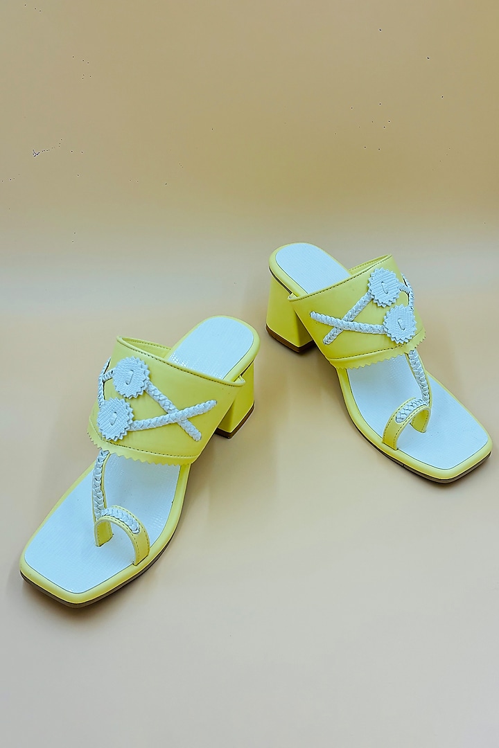 Yellow Vegan Leather Hand Embroidered Kolhapuri Sandals by Rajasthani Stuff at Pernia's Pop Up Shop