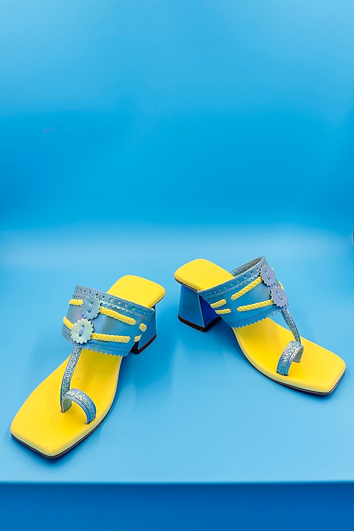 Blue Vegan Leather Hand Embroidered Kolhapuri Sandals by Rajasthani Stuff at Pernia's Pop Up Shop