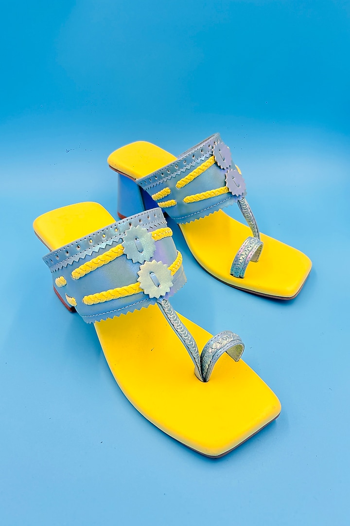 Blue Vegan Leather Hand Embroidered Kolhapuri Sandals by Rajasthani Stuff at Pernia's Pop Up Shop