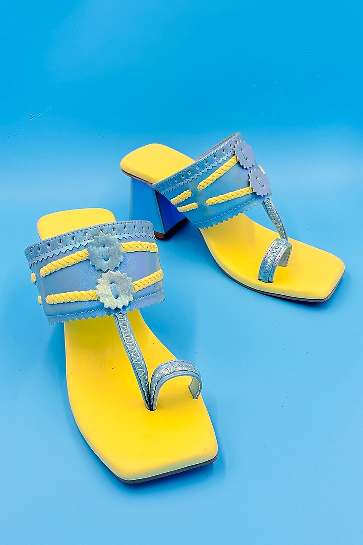 Blue Vegan Leather Hand Embroidered Kolhapuri Sandals by Rajasthani Stuff at Pernia's Pop Up Shop