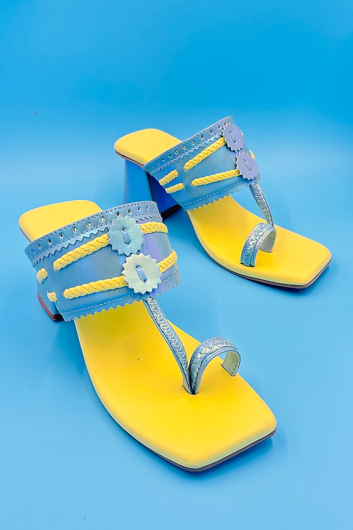 Blue Vegan Leather Hand Embroidered Kolhapuri Sandals by Rajasthani Stuff at Pernia's Pop Up Shop