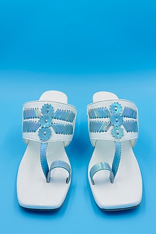 White Vegan Leather Hand Embroidered Kolhapuri Sandals by Rajasthani Stuff