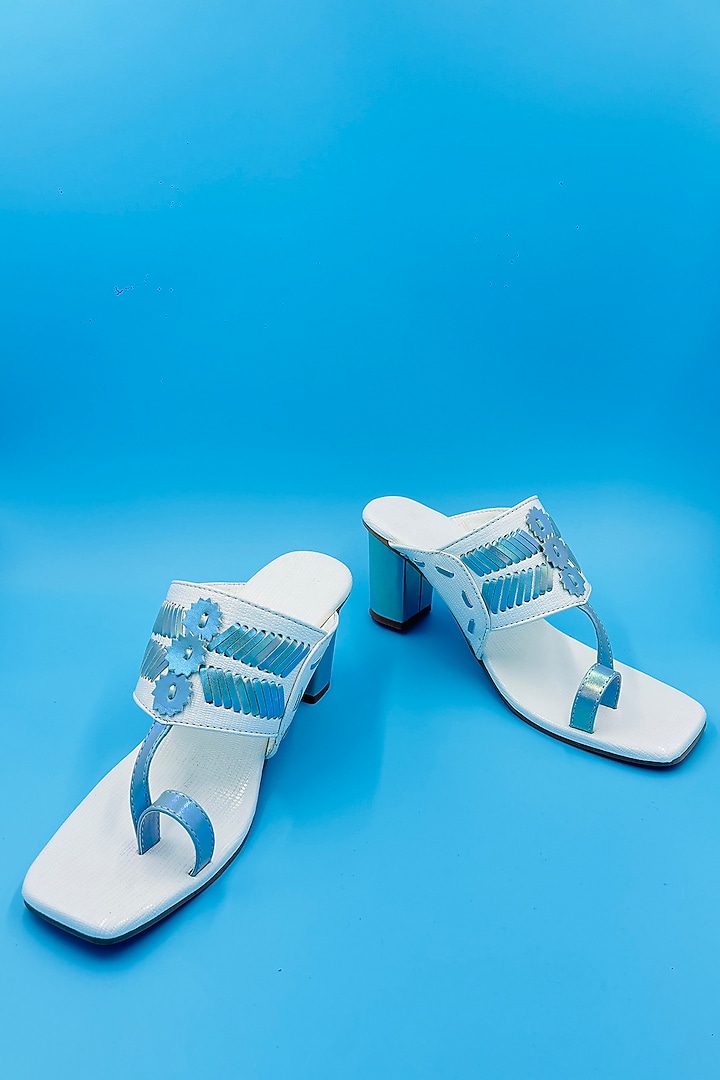 White Vegan Leather Hand Embroidered Kolhapuri Sandals by Rajasthani Stuff at Pernia's Pop Up Shop