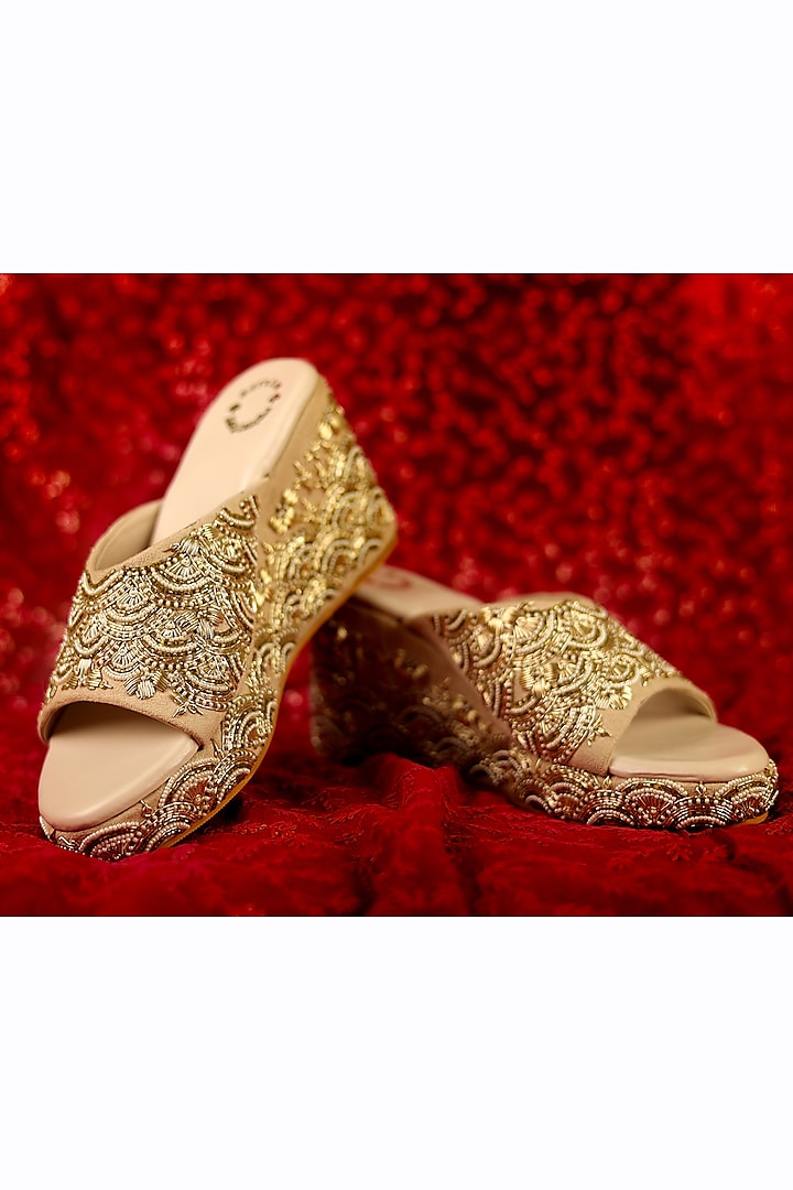 Cream Bead Embroidered Wedges by Rajasthani Stuff