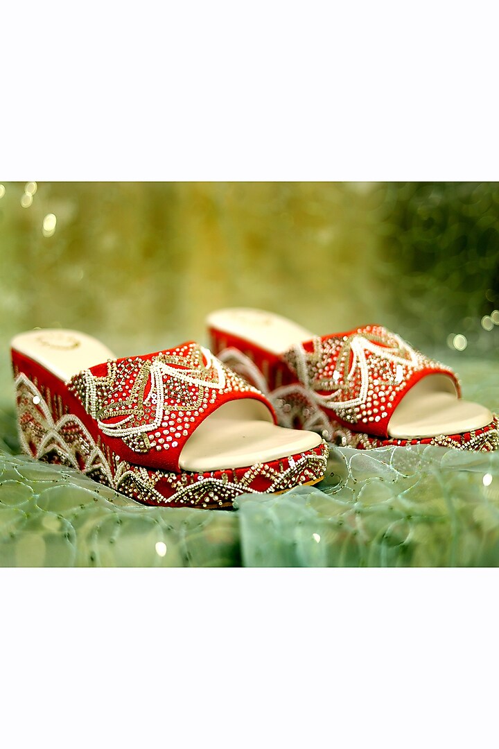 Orange Hand Embroidered Wedges by Rajasthani Stuff at Pernia's Pop Up Shop