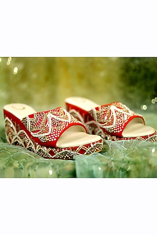 Orange Hand Embroidered Wedges by Rajasthani Stuff