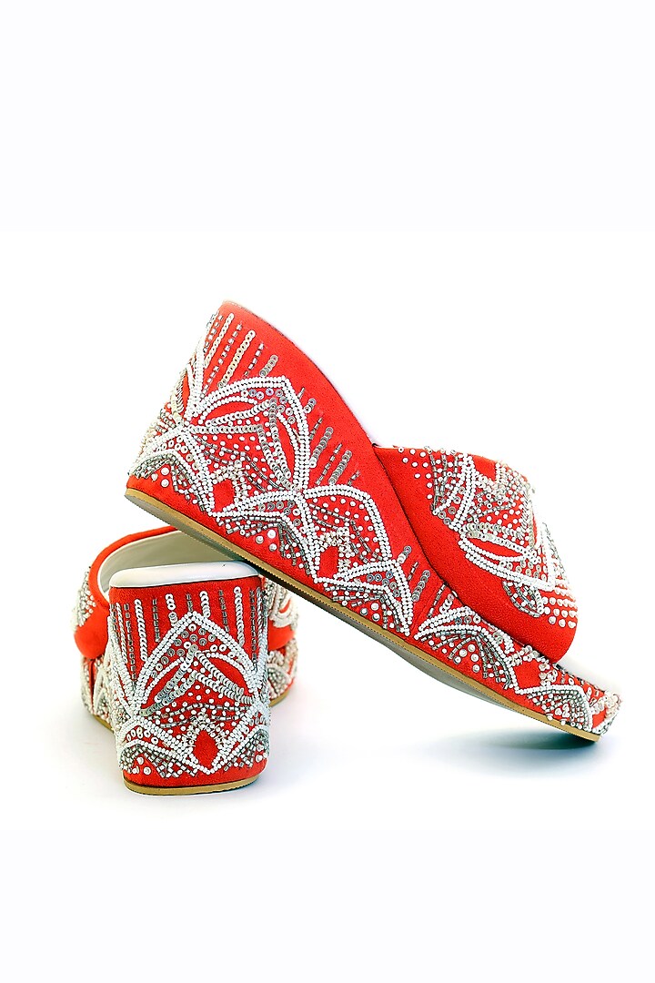 Orange Hand Embroidered Wedges by Rajasthani Stuff at Pernia's Pop Up Shop