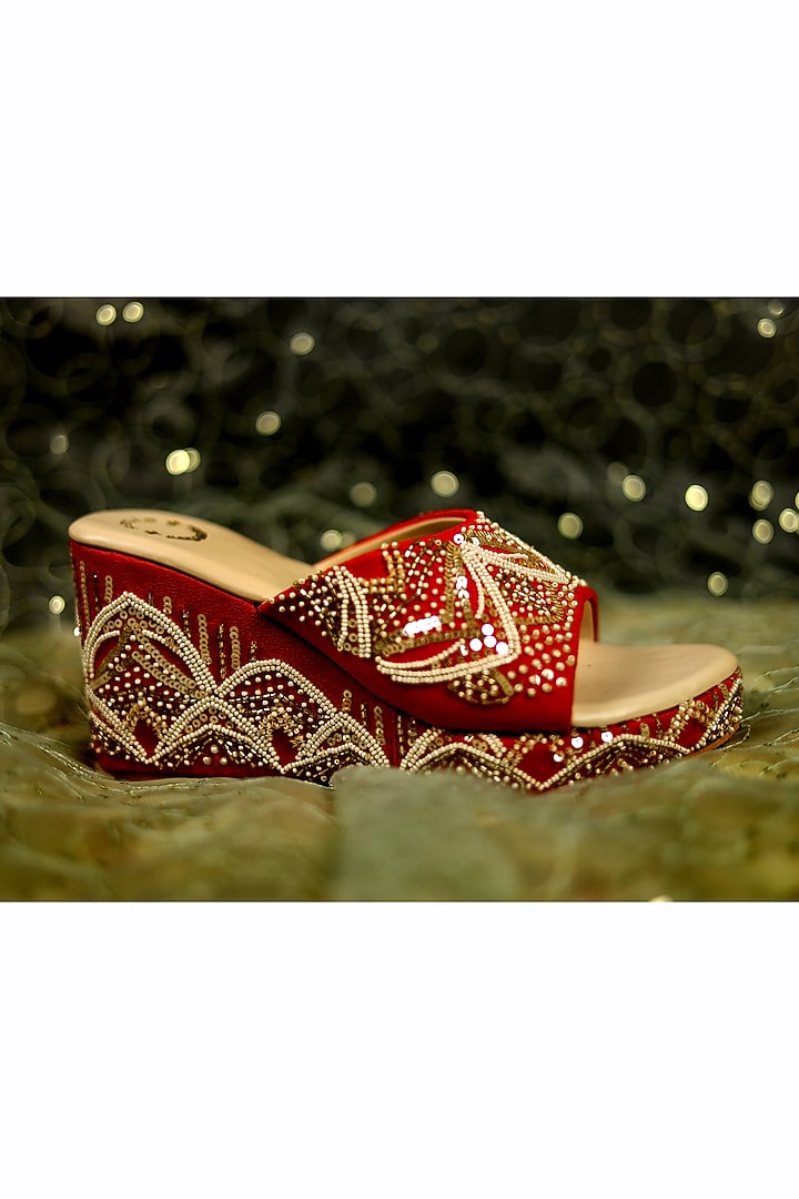 Orange Hand Embroidered Wedges by Rajasthani Stuff at Pernia's Pop Up Shop
