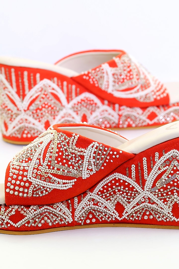 Orange Hand Embroidered Wedges by Rajasthani Stuff at Pernia's Pop Up Shop