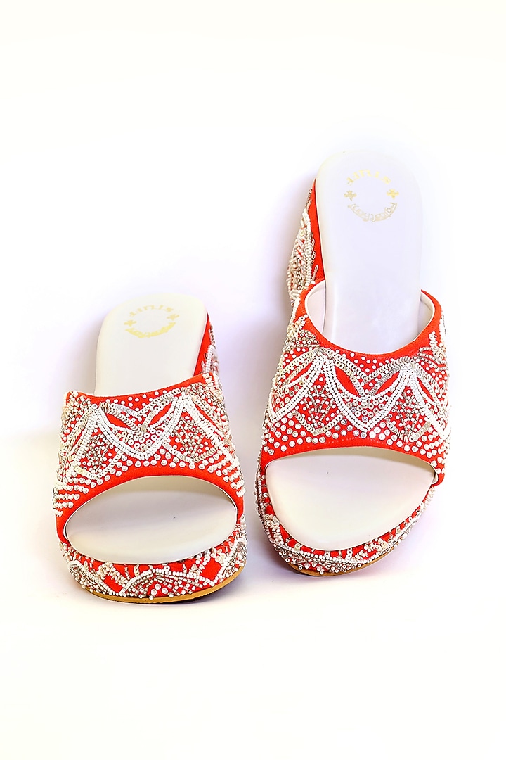 Orange Hand Embroidered Wedges by Rajasthani Stuff at Pernia's Pop Up Shop