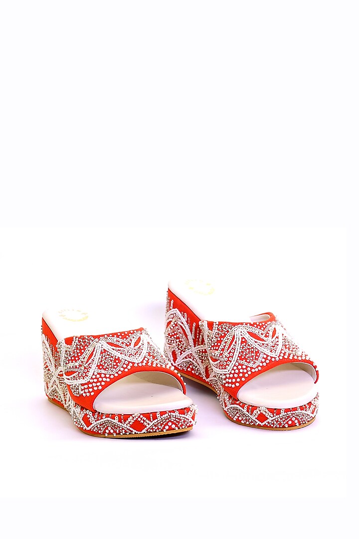Orange Hand Embroidered Wedges by Rajasthani Stuff at Pernia's Pop Up Shop