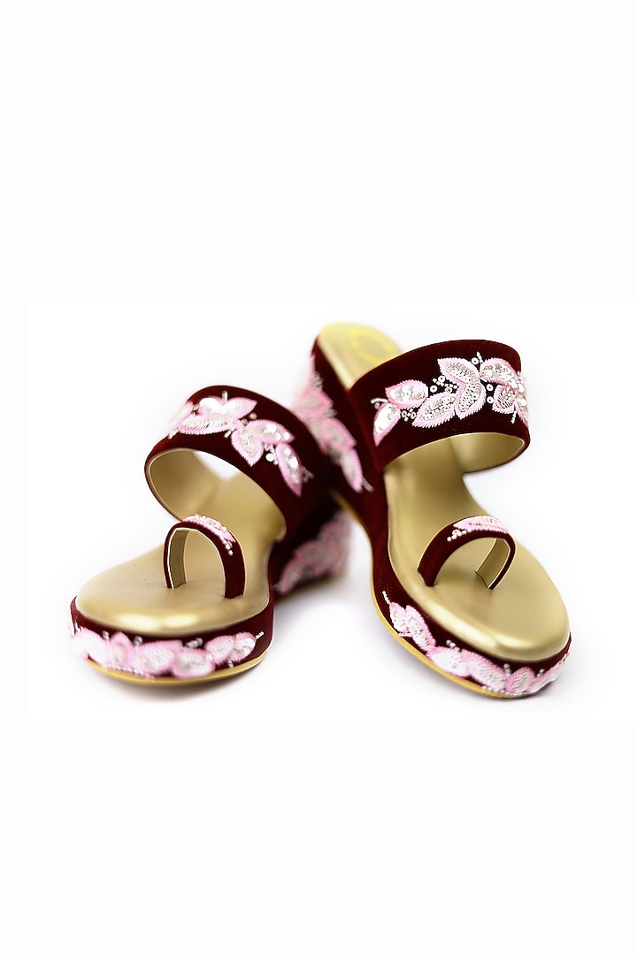 Maroon Hand Embroidered Wedges by Rajasthani Stuff at Pernia's Pop Up Shop