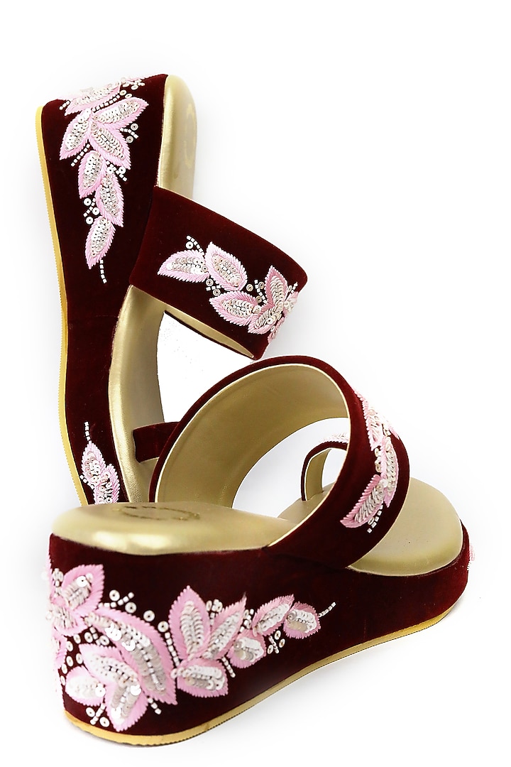 Maroon Hand Embroidered Wedges by Rajasthani Stuff at Pernia's Pop Up Shop
