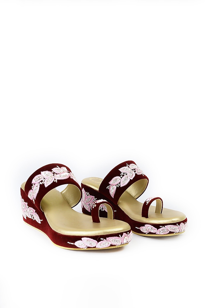 Maroon Hand Embroidered Wedges by Rajasthani Stuff at Pernia's Pop Up Shop