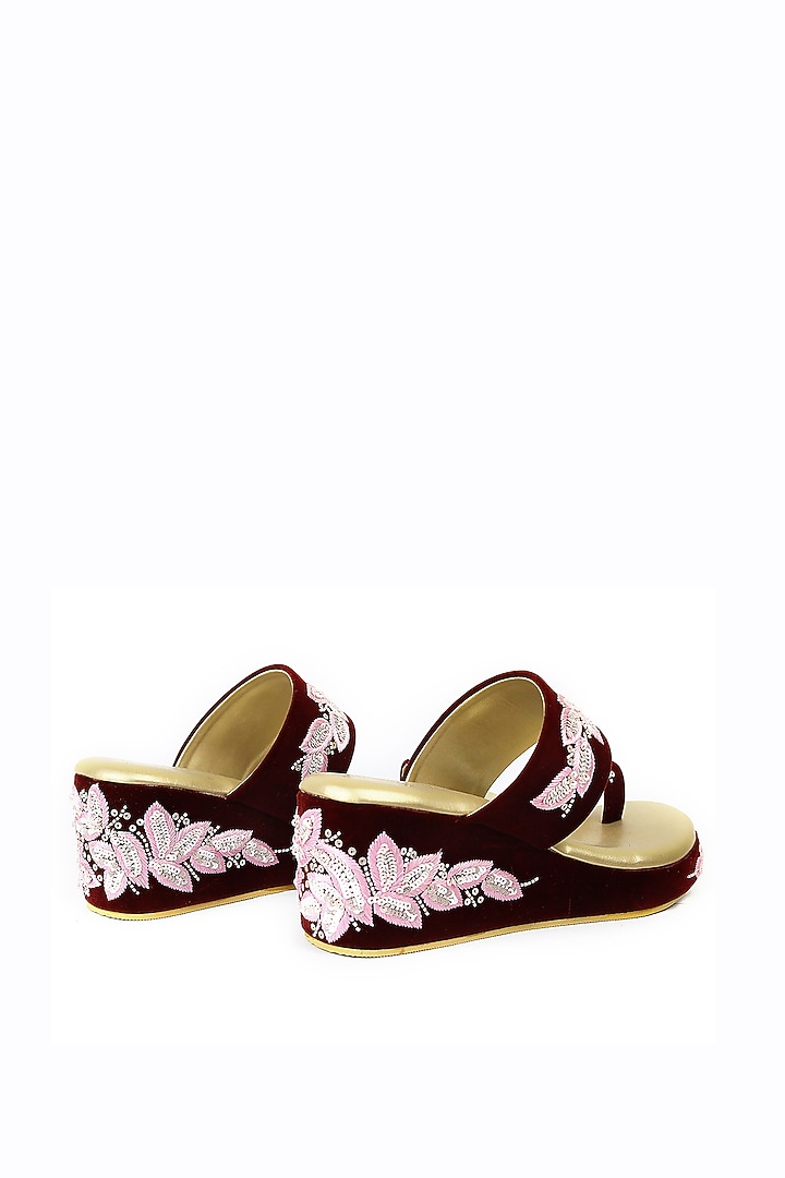 Maroon Hand Embroidered Wedges by Rajasthani Stuff at Pernia's Pop Up Shop