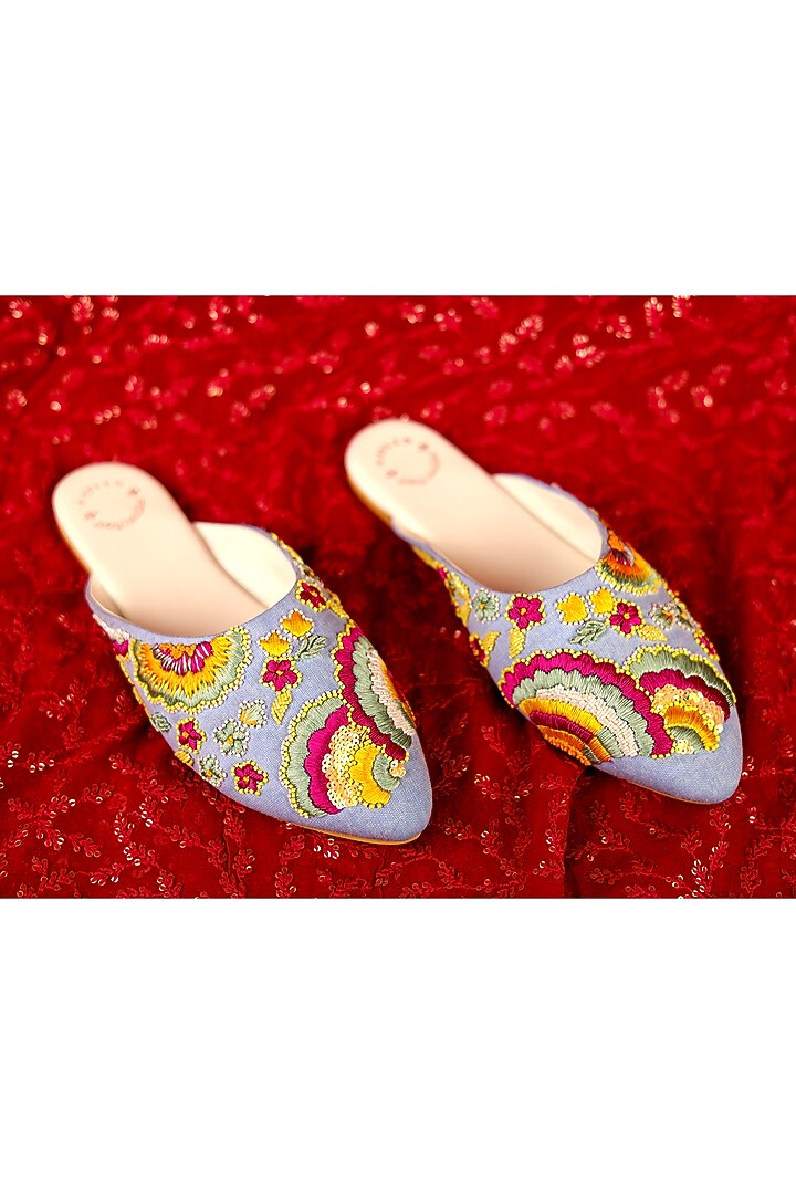 Blue Hand Embroidered Mules by Rajasthani Stuff at Pernia's Pop Up Shop