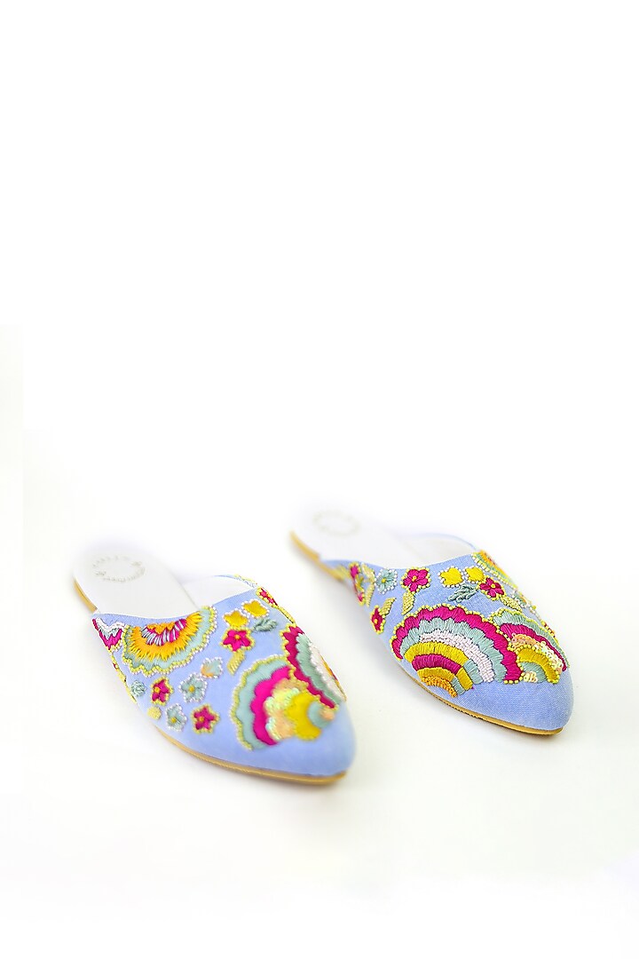 Blue Hand Embroidered Mules by Rajasthani Stuff at Pernia's Pop Up Shop