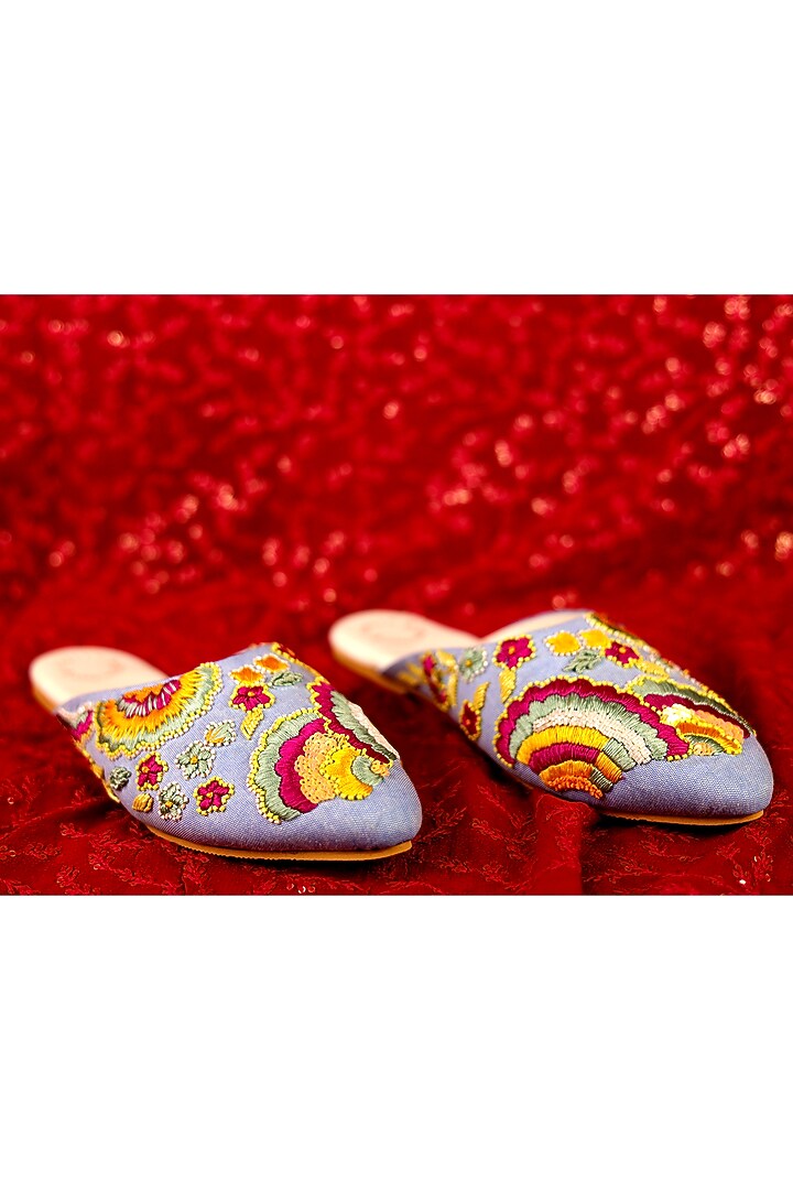 Blue Hand Embroidered Mules by Rajasthani Stuff at Pernia's Pop Up Shop