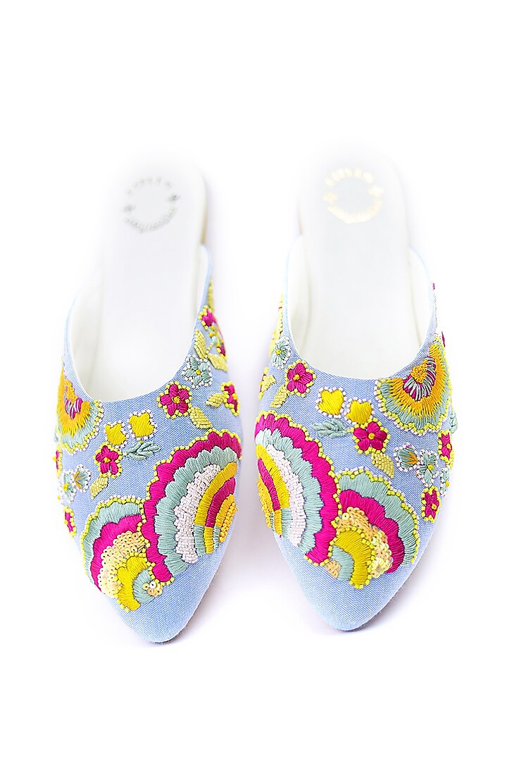 Blue Hand Embroidered Mules by Rajasthani Stuff at Pernia's Pop Up Shop