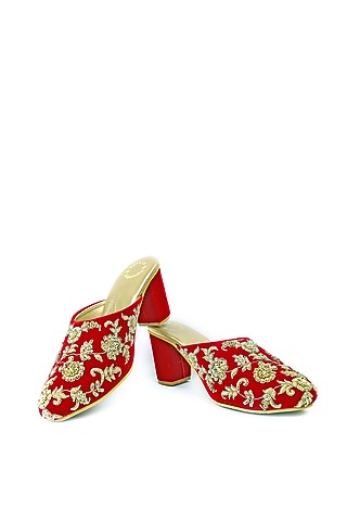 Red Hand Embroidered Mules by Rajasthani Stuff