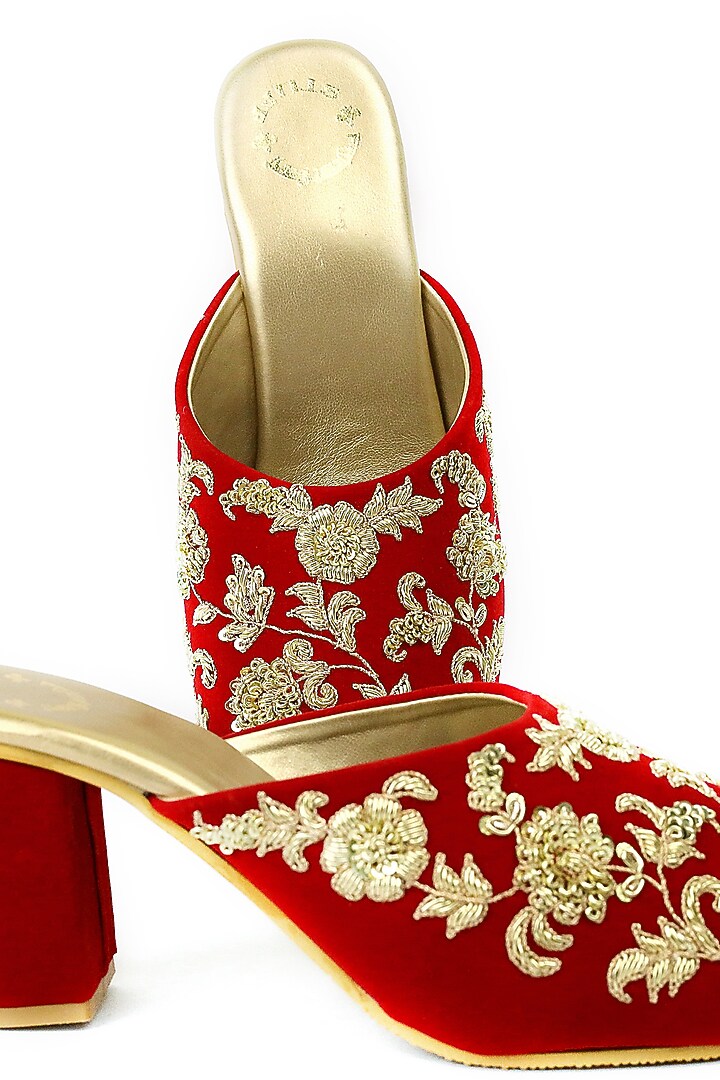 Red Hand Embroidered Mules by Rajasthani Stuff at Pernia's Pop Up Shop