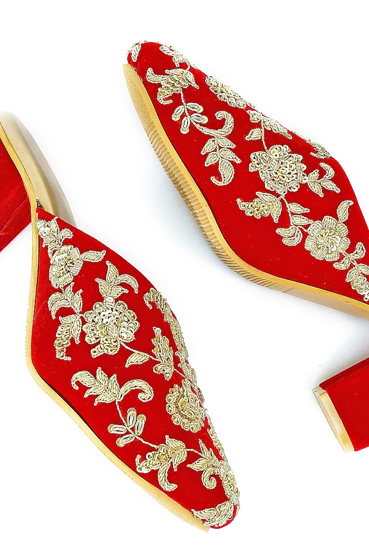 Red Hand Embroidered Mules by Rajasthani Stuff at Pernia's Pop Up Shop